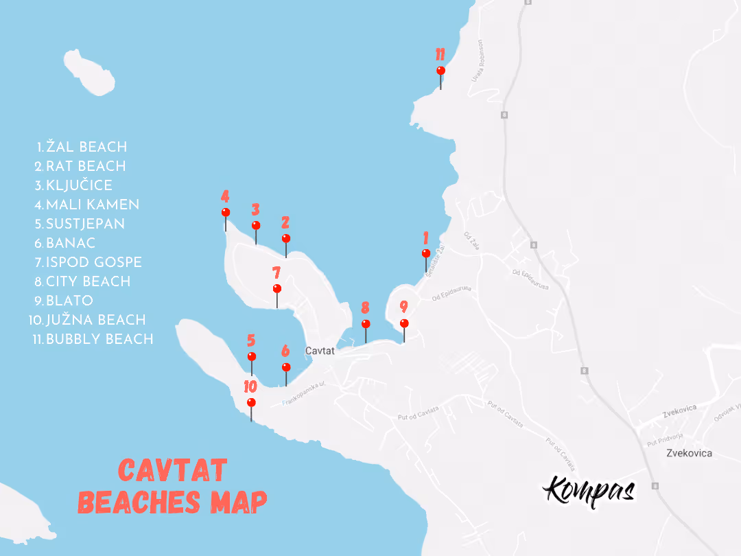 Map of Cavtat beaches and coastal locations