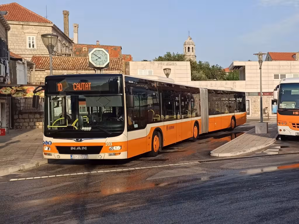 Libertas city-suburban bus (line 10) at stop in Cavtat old town, Croatia