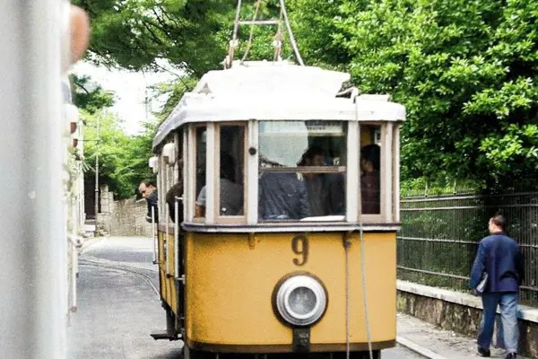 historic colorized photo of Dubrovnik public tram.