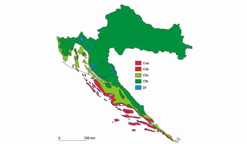 Map of climate regions along Croatia's coast (Csa, Csb, Cfa, Cfb, Df)