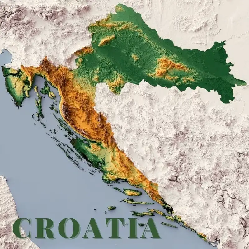 Relief map of Croatia indicating lowlands, hills and mountain areas.