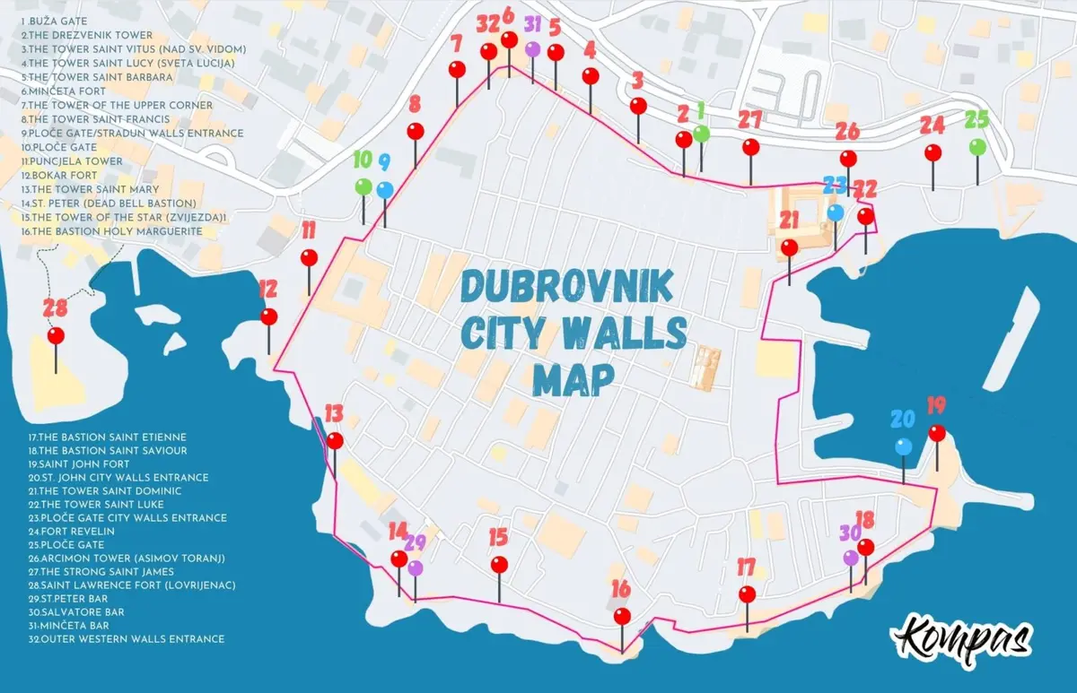 Dubrovnik City Walls walking route map with forts, towers, and entrances