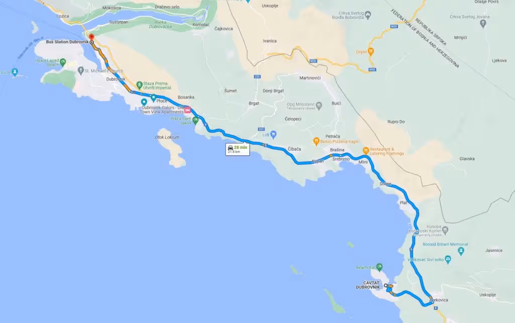 Map showing bus line 10 route between Dubrovnik and Cavtat, Croatia along the coast