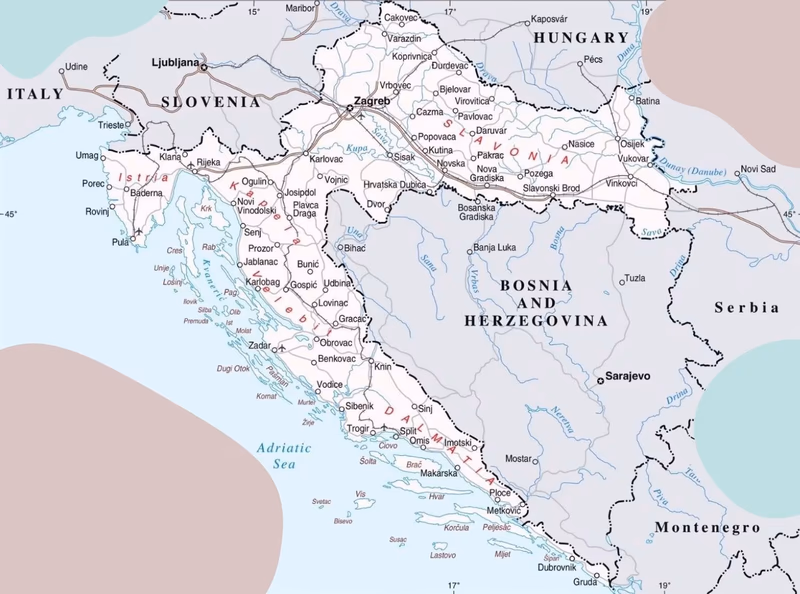 Geographical map of Croatia showing regions and Adriatic coastline