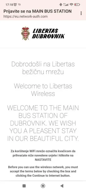Mobile phone screen showing free WiFi login interface at the bus terminal in Dubrovnik.
