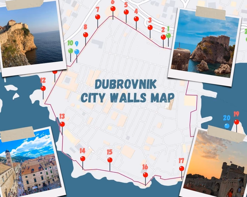 Dubrovnik City Walls map with marked entrances, towers and bastions