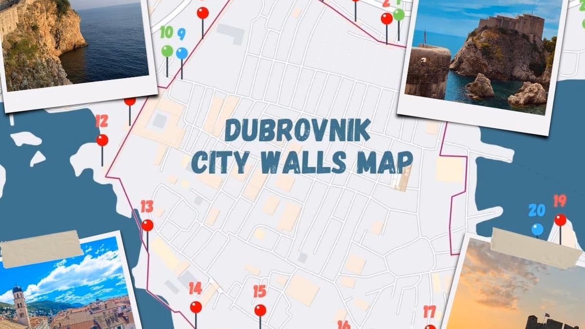 Dubrovnik City Walls map with marked entrances, towers and bastions
