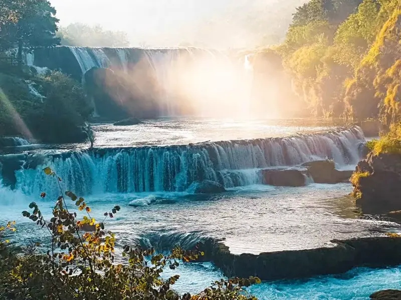 Štrbački Buk's tiered waterfalls on the Una River near the Croatia–Bosnia border.