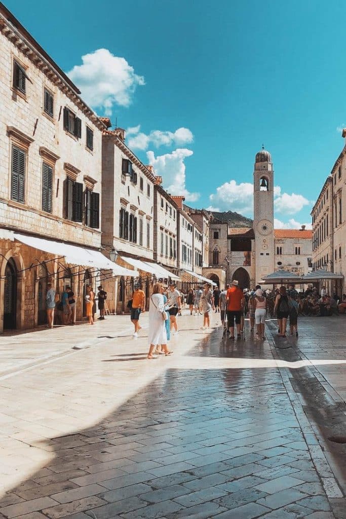 Shops lining Stradun walkway in Dubrovnik.