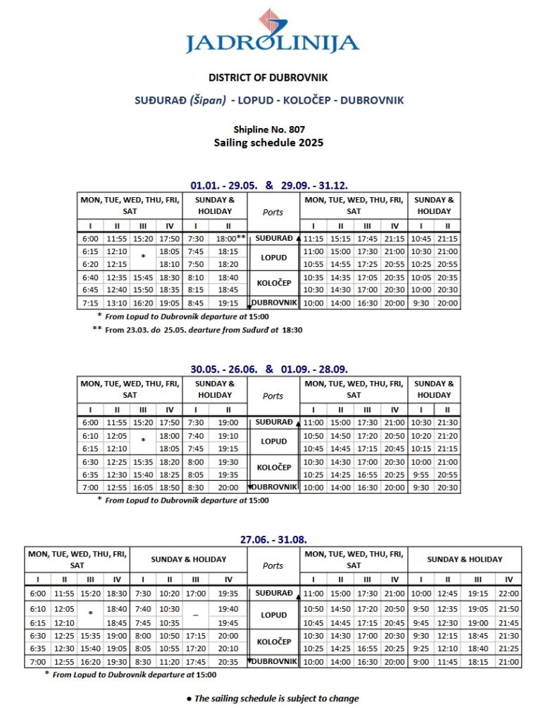 adrolinija passenger line 807 timetable: Dubrovnik–Koločep–Lopud–Šipan