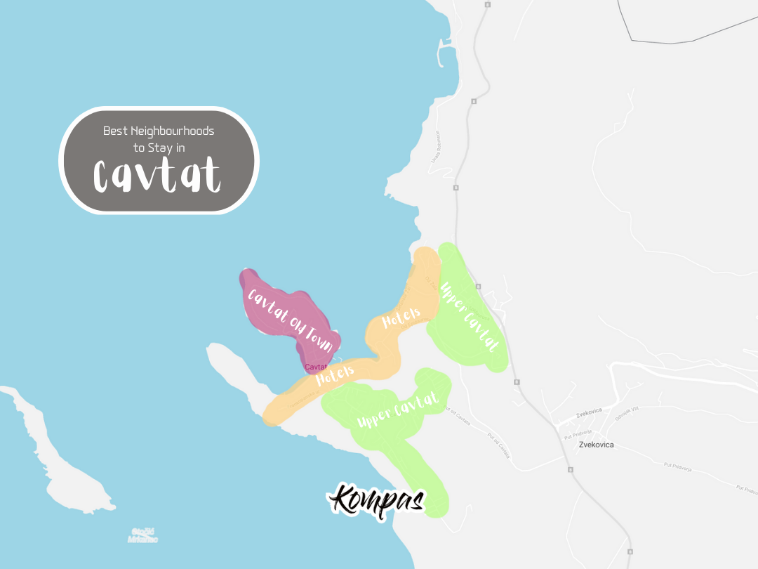 Map of Town of Cavtat shows the town divided into arbitrary sections describing what are the best neighborhoods sto stay at.