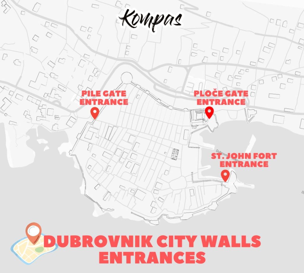 Digital Map of Dubrovnik Old Town with City Walls Entrances marked