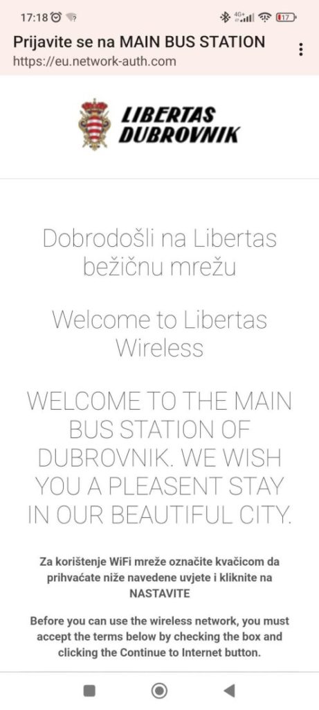 An Overview of Dubrovnik Main Bus Station Terminal 3 Phone Screen to access the free WiFi at the bus terminal