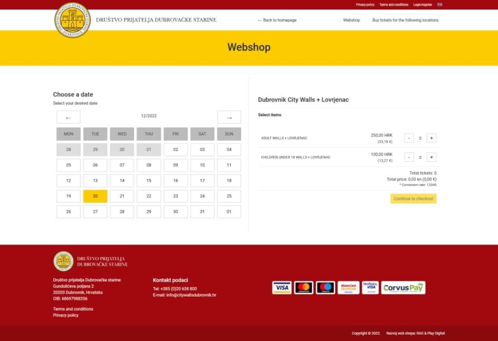 Screenshot of Webshop Dubrovnik City Walls ticket system