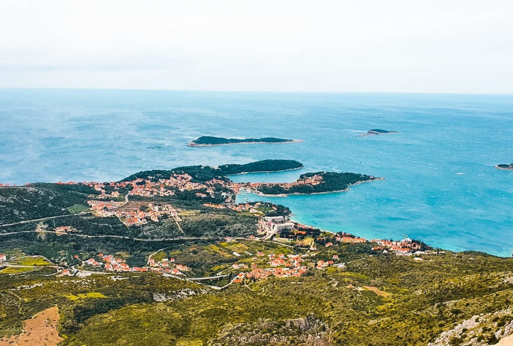Birds eye view of Cavtat from the hill above showing the peninsulas and islands